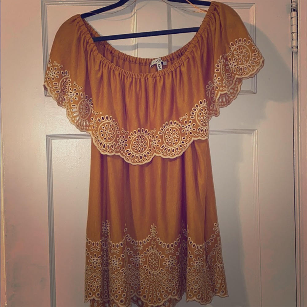 Fever Off the Shoulder Eyelet Top in Marigold